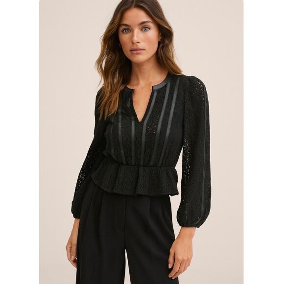 Express Black Lace And Faux Leather Trim Long Sleeve Peplum Top Boho French Chic - Picture 6 of 8